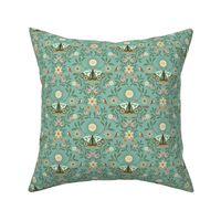 Lunar Moth Meadow, teal, 6 in, moonlight floral with little birds