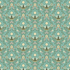 Lunar Moth Meadow, teal, 6 in, moonlight floral with little birds
