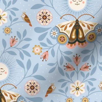 Lunar Moth Meadow, lightblue, 12 in, moonlight floral with little birds 