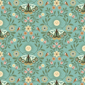 Lunar Moth Meadow, teal, 12 in, moonlight floral with little birds