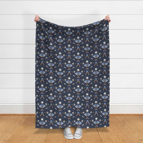 Lunar Moth Meadow, darkblue, 12 in, moonlight floral with little birds 