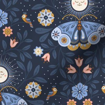 Lunar Moth Meadow, darkblue, 12 in, moonlight floral with little birds 