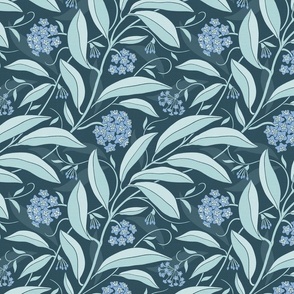 Blooming Hoya Art Nouveau Style, Blue, Green, Dark-Teal