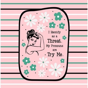 14x18 Panel Sassy Ladies I Identify As a Threat. My Pronouns are Try Me. Sarcastic Adult Humor on Pink for DIY Garden Flag Small Wall Hanging or Hand Towel