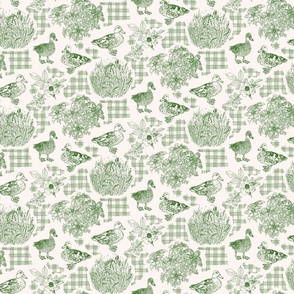 small-Ducks at blooming lakeside - French countryside toile de jouy with gingham checks - green