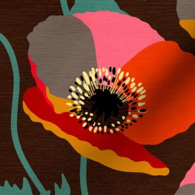 LARGE • Poppy Anemones - Buttercups 7. red, orange, pink & green on Brown #wildflowers #poppies