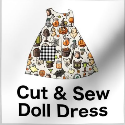 Hocus Pocus Cut & Sew Doll Dress on FAT QUARTER for Forever Virginia Dolls and other 1/8, 1/6 and 1/5 scale child dolls  - Halloween Potions and Pumpkins // little small scale tiny mini micro doll 