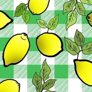 Lemons on Lime Green Buffalo Check (large scale) 