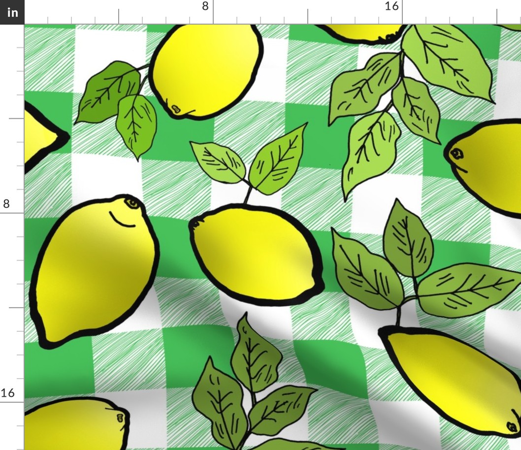 Lemons on Lime Green Buffalo Check (large scale) 