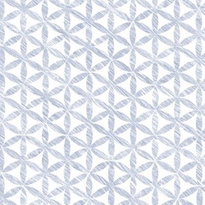 Celendine Flowers in Mineral Blue | A 'Flower of Life' tessellating, geometric pattern, rustic Moroccan tile circles and triangles in soft blue and white.