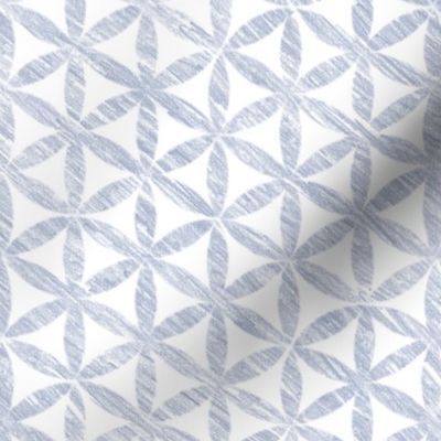 Celendine Flowers in Mineral Blue (large scale) | A 'Flower of Life' tessellating, geometric pattern, rustic Moroccan tile circles and triangles in soft blue and white.