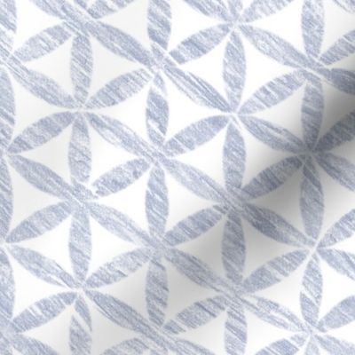 Celendine Flowers in Mineral Blue (xl scale) | A 'Flower of Life' tessellating, geometric pattern, rustic Moroccan tile circles and triangles in soft blue and white.