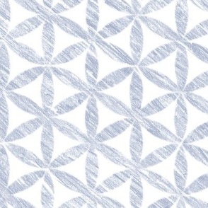 Celendine Flowers in Mineral Blue (xl scale) | A 'Flower of Life' tessellating, geometric pattern, rustic Moroccan tile circles and triangles in soft blue and white.