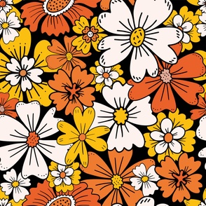 Retro Flowers, 70s, Retro Floral, Flowers Retro Black Yellow Orange, 60s