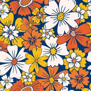 Retro Flowers, 70s, Retro Floral, Flowers Retro Blue Yellow Orange, 60s