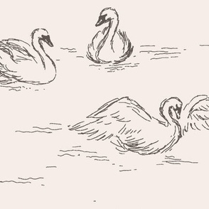 Jumbo Handdrawn Swans in Light Pink & Grey for Fabric & Bedding