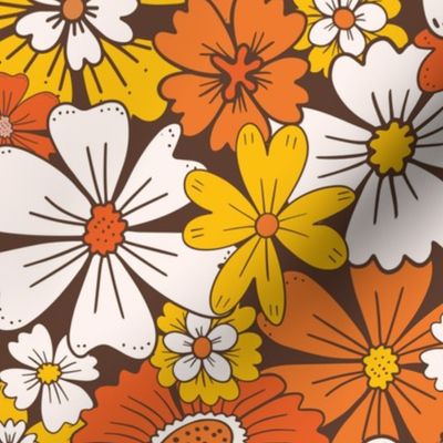 Retro Flowers, 70s, Retro Floral, Flowers Retro Brown Yellow Orange, 60s