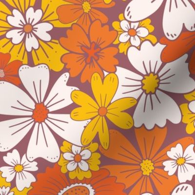 Retro Flowers, 70s, Retro Floral, Flowers Retro Orange Pink Yellow Orange, 60s