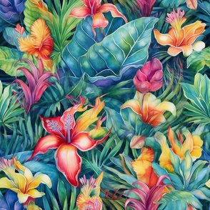 Watercolor Tropical Rainbow Flower Flowers Floral Florals in Pink, Yellow, and Blue