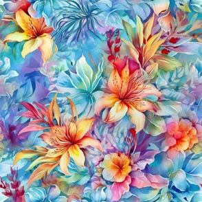 Watercolor Tropical Rainbow Flower Flowers Floral Florals in Pink, Yellow, Blue, Purple, and Green
