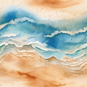 Watercolor Beige and Brown Shimmering Beach Sands and Blue Ocean Waves Background