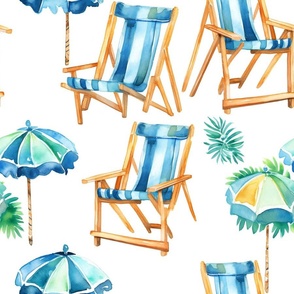 Watercolor Beach Chairs Umbrellas and Tropical Leaves in Blue and Green
