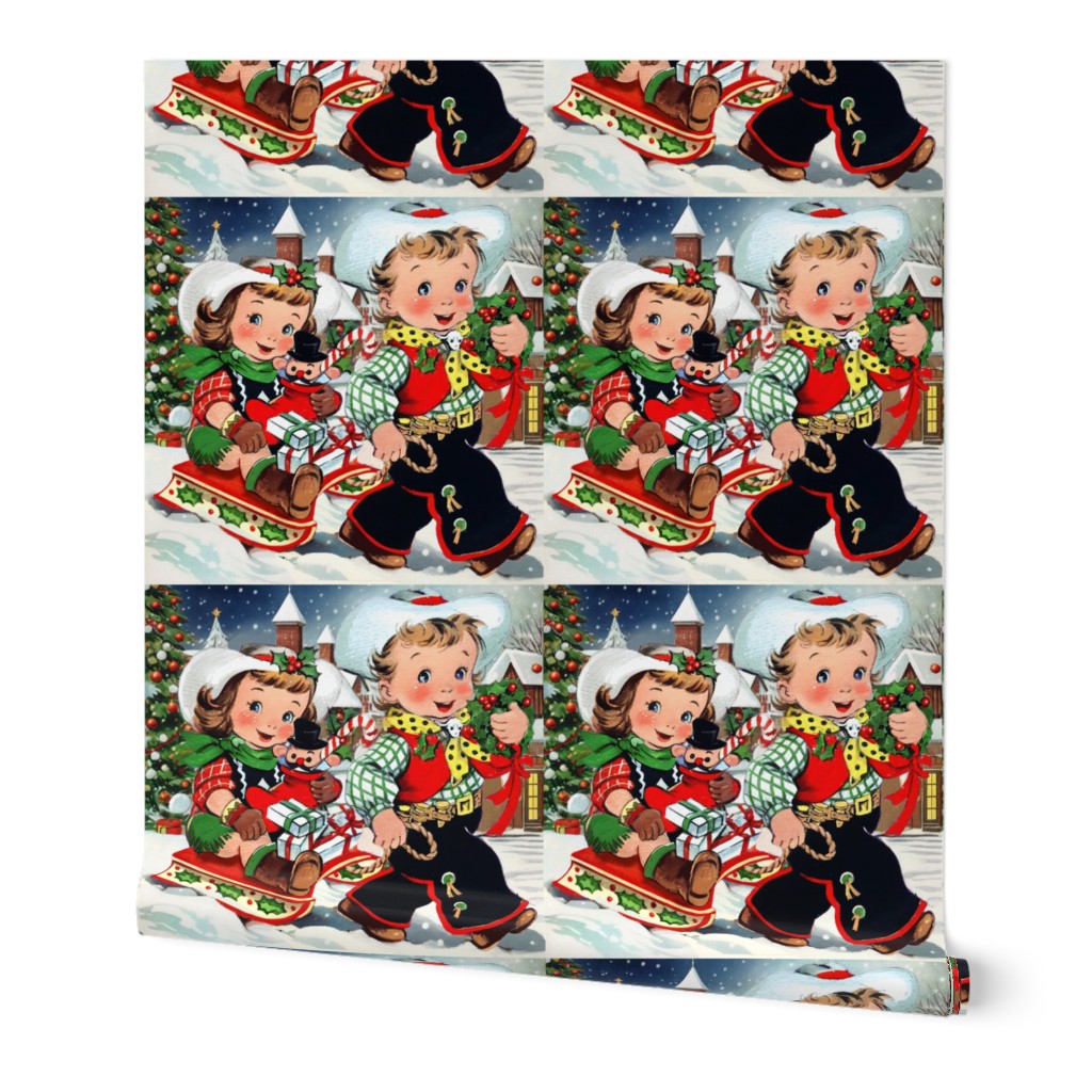 2 Merry Christmas  cowboys cowgirls texas wild wild west western children Toboggan sled winter wonderland landscape trees houses cottage wreaths gifts presents  candy canes stocking toys hats red white boys girls vintage retro kitsch xmas  