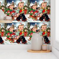2 Merry Christmas  cowboys cowgirls texas wild wild west western children Toboggan sled winter wonderland landscape trees houses cottage wreaths gifts presents  candy canes stocking toys hats red white boys girls vintage retro kitsch xmas  