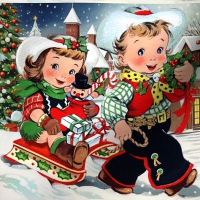 2 Merry Christmas  cowboys cowgirls texas wild wild west western children Toboggan sled winter wonderland landscape trees houses cottage wreaths gifts presents  candy canes stocking toys hats red white boys girls vintage retro kitsch xmas  