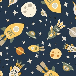 Fun Rockets in Outer Space on Navy Blue (Jumbo)