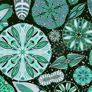 Microscopic Diatoms, blue green, more green & black, 24 inch
