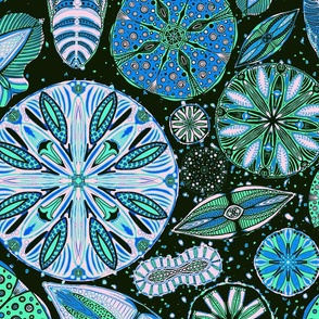 Microscopic Diatoms, blue green, more blue & black, 24 inch