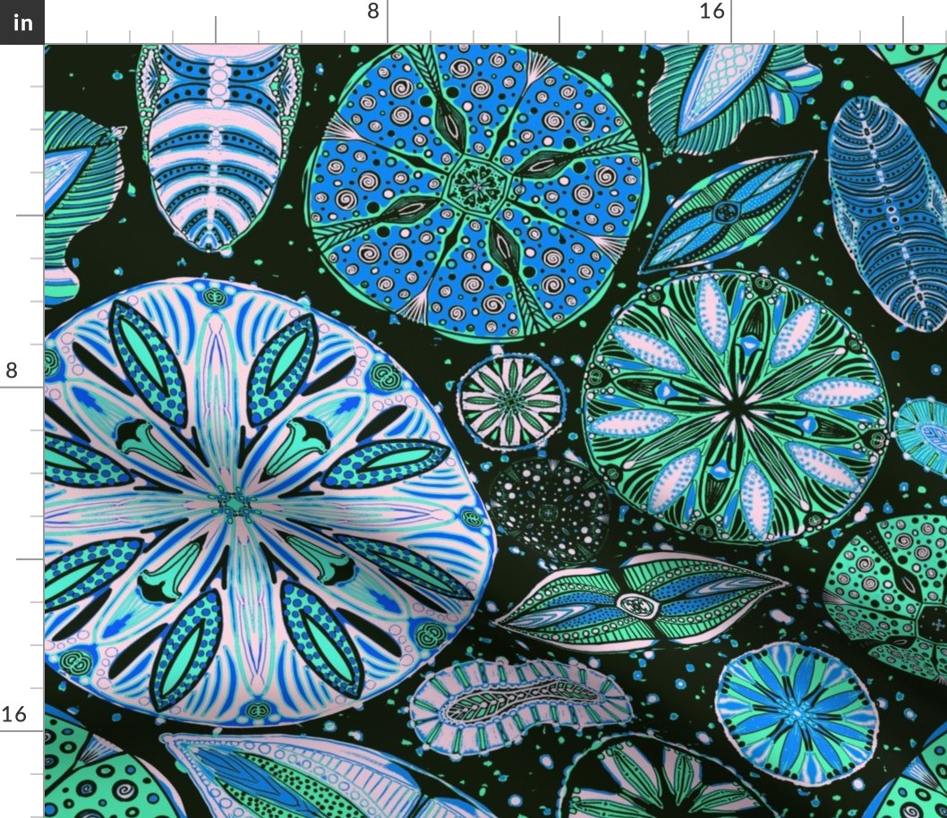 Microscopic Diatoms, blue green, more blue & black, 24 inch