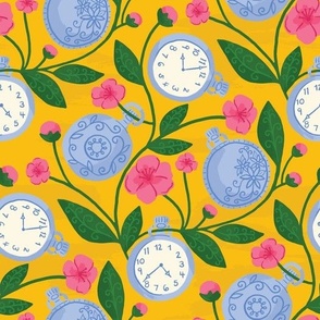 Pocket Watch - Flower vines and clocks yellow, pink, blue, green