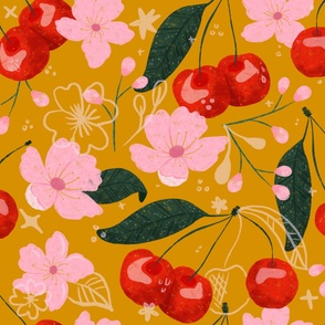 Sparkly Cherries and Cherry Blossoms on Mustard (LARGE)
