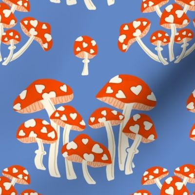 Mush Love - Heart Toadstool Mushrooms red and cream on blue