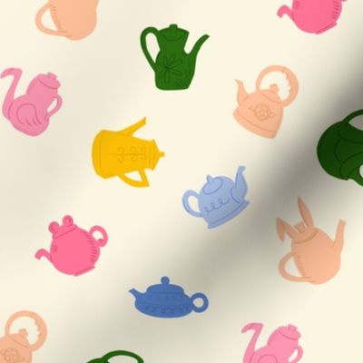 Tea Time - colorful teapots  in green, yellow, pink, and blue on cream