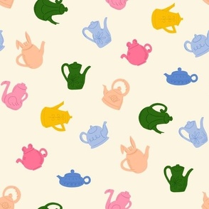 Tea Time - colorful teapots  in green, yellow, pink, and blue on cream