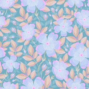 Blue wild roses on teal background