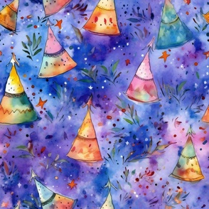 Watercolor Party Hat Hats with Rainbow Purple Confetti and Whimsical Designs