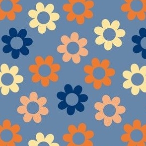 Flowers, BoHo Hippie, Daisy Pattern, 70s, 60s, Orange Yellow Brown Light Blue
