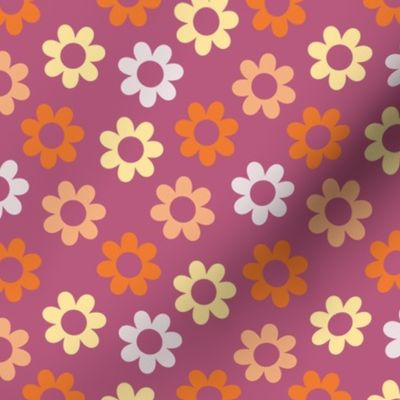 Flowers, BoHo Hippie, Daisy Pattern, 70s, 60s, Orange Yellow Pink