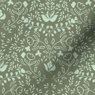 Floral Serenade. Tone on tone, Modern damask. Mint on Green