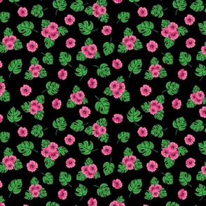 Tropical green leaves and pink flowers, black background. Seamless floral pattern-268.