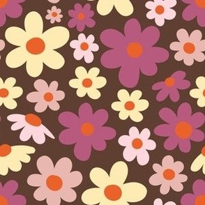Flowers, BoHo Hippie, Daisy Pattern, 70s, 60s, Pink Yellow Brown