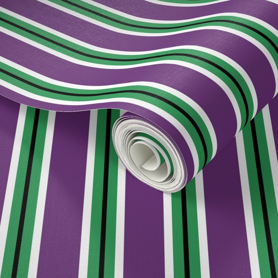 Traditional Vertical Stripe in Deep Purple, Green, Black, and White