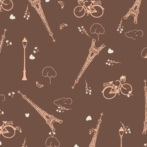 Parisian Evening Ride | Romantic pink bicycles, street lamp, flowers and tour eiffel on russet brown