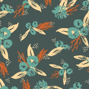 Nostalgic Blooms | Retro Garden blue, yellow and orange flowers blooms