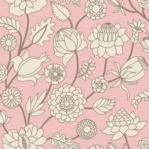 medium-Indian Florals Panna Cotta on Tea Rose Pink - Morel Brown lines