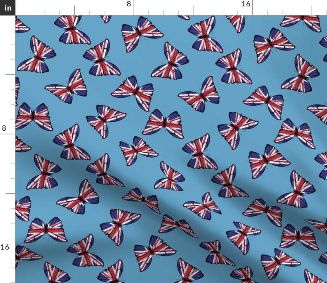 MEDIUM United Kingdom Flag Butterflies fabric - union jack design light blue 8in